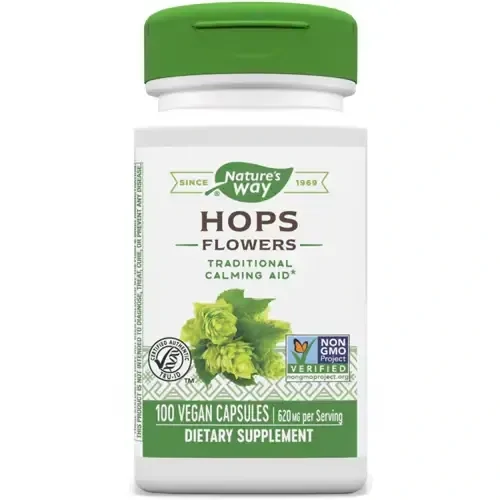 Nature’s Way Hops Flowers 100 Vegetarian Capsules bottle on a calming background