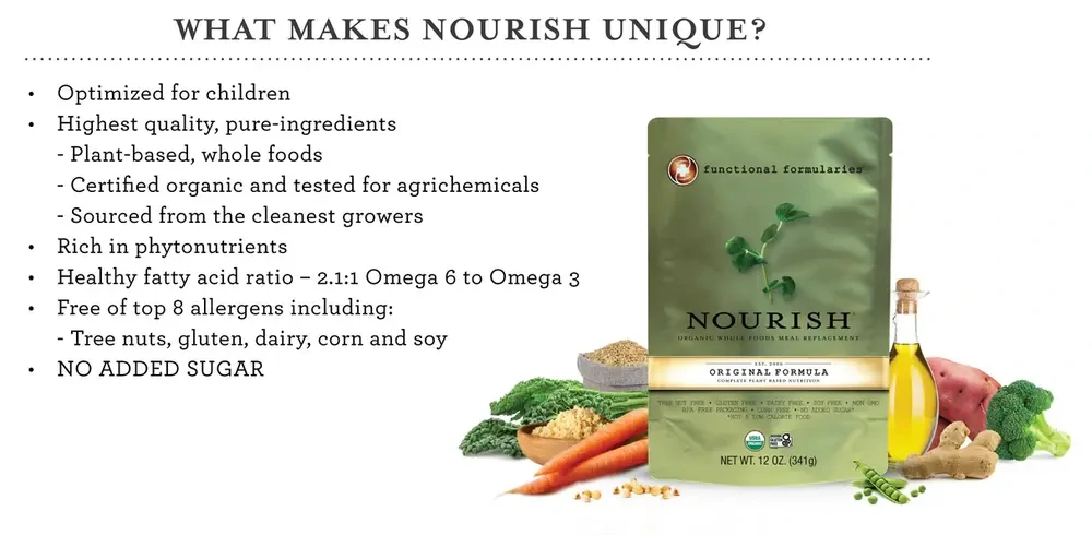 A 6-pack of Nourish Pediatric Organic Oral Supplement in Vegetable & Rice flavor.