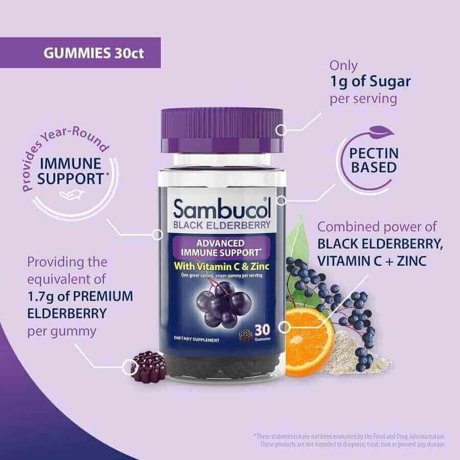 A few dark purple, sugar-coated Sambucol gummies shown outside the bottle