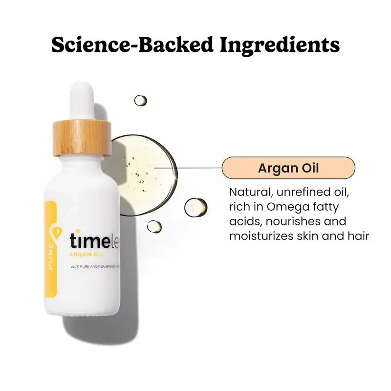 A single drop of golden Timeless Argan Oil being dispensed from a dropper, showcasing its pure texture and color.