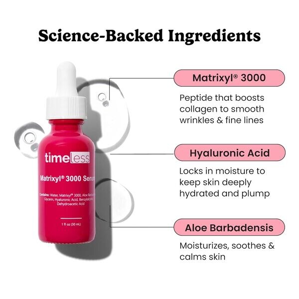 A close-up of the Timeless Matrixyl 3000 Serum dropper, dispensing a single, clear drop.