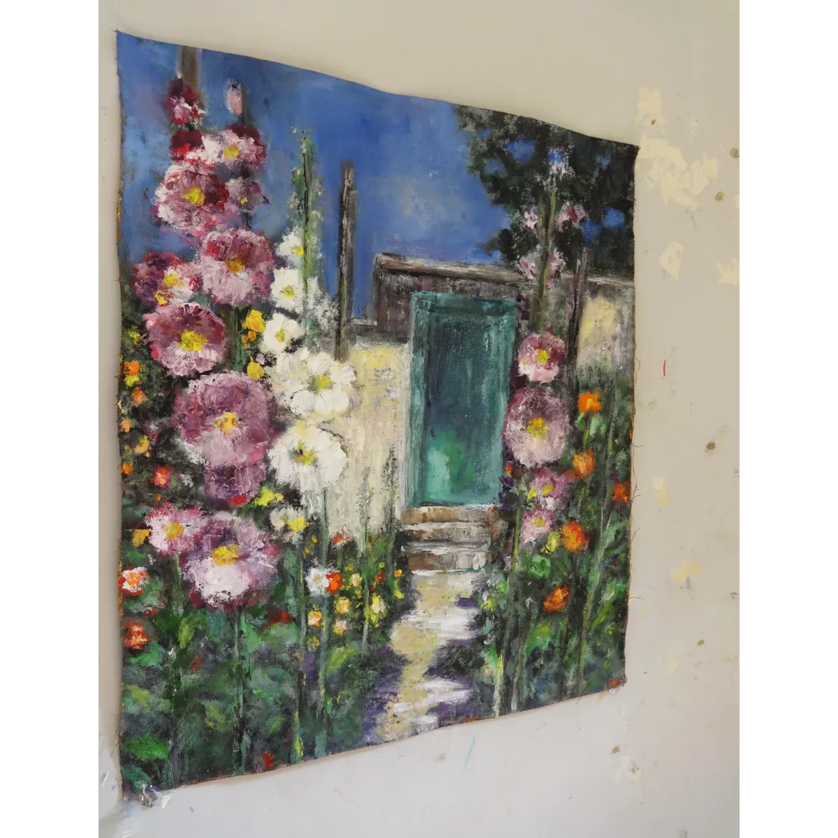 Garden Path to the Teal Door - Oil Painting