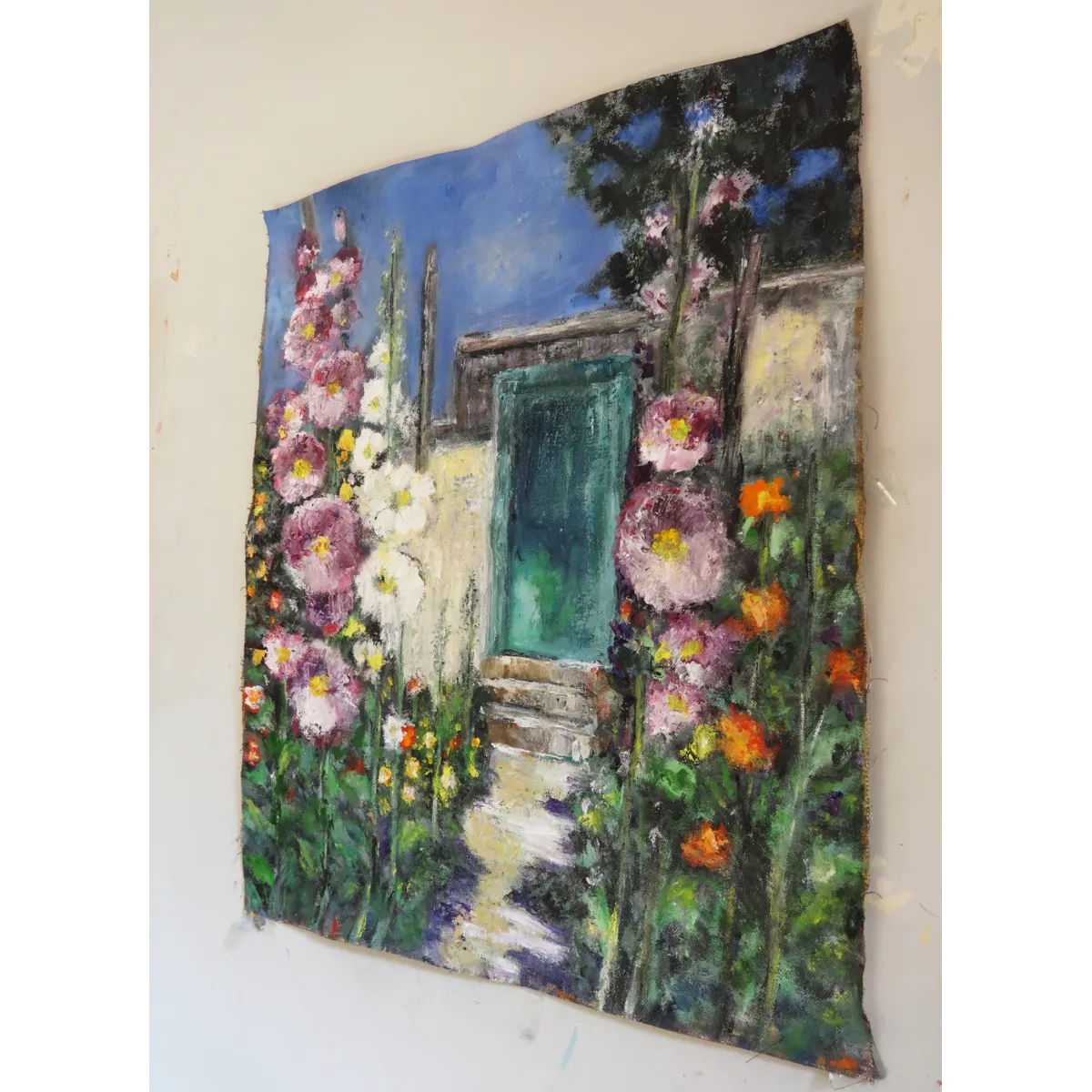 Garden Path to the Teal Door - Oil Painting