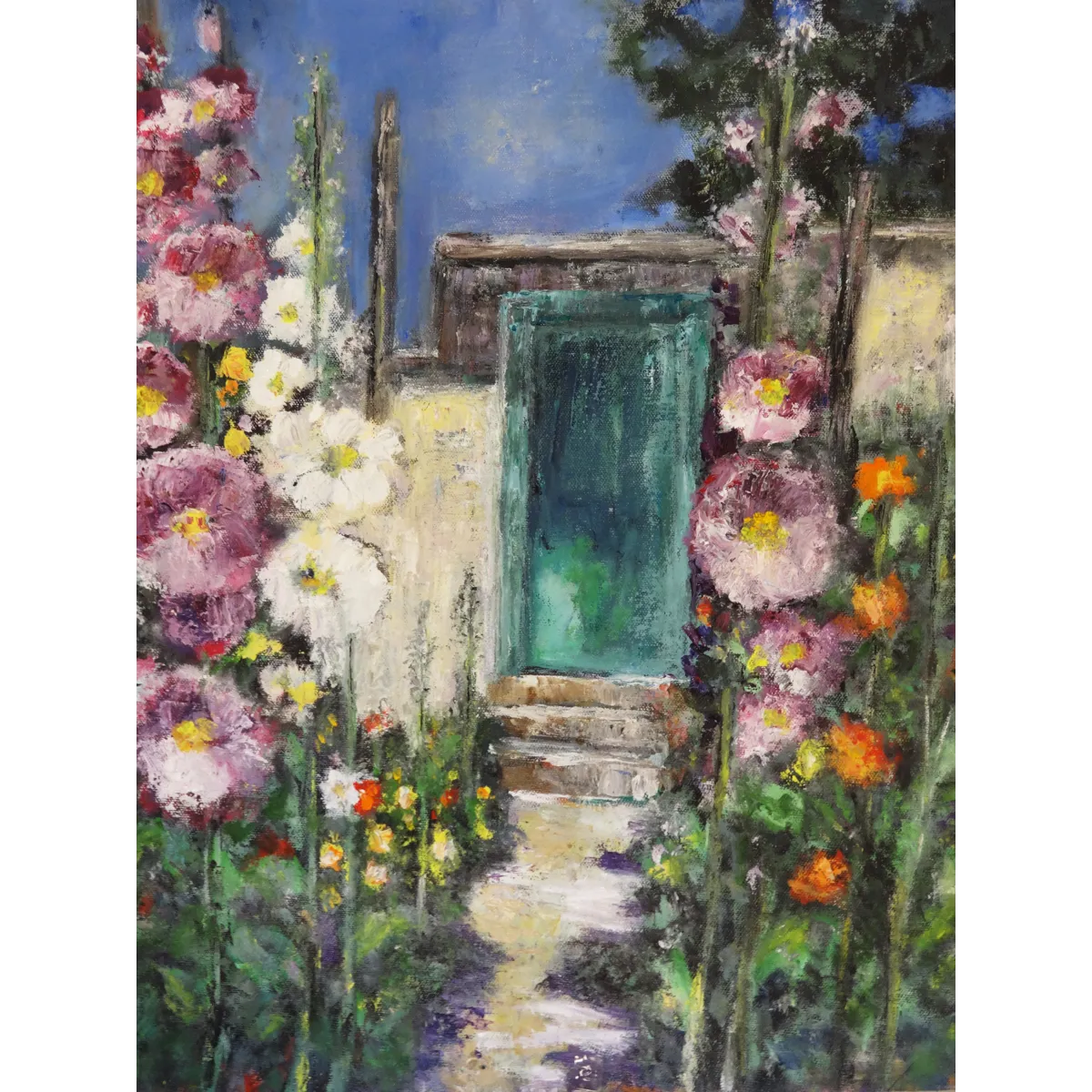 Garden Path to the Teal Door - Oil Painting