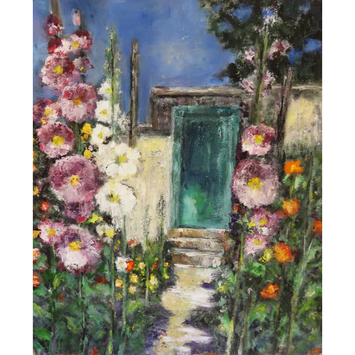 Garden Path to the Teal Door - Oil Painting