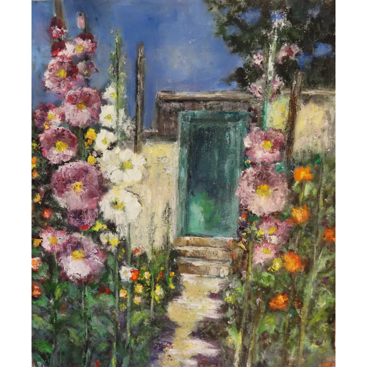 Garden Path to the Teal Door - Oil Painting