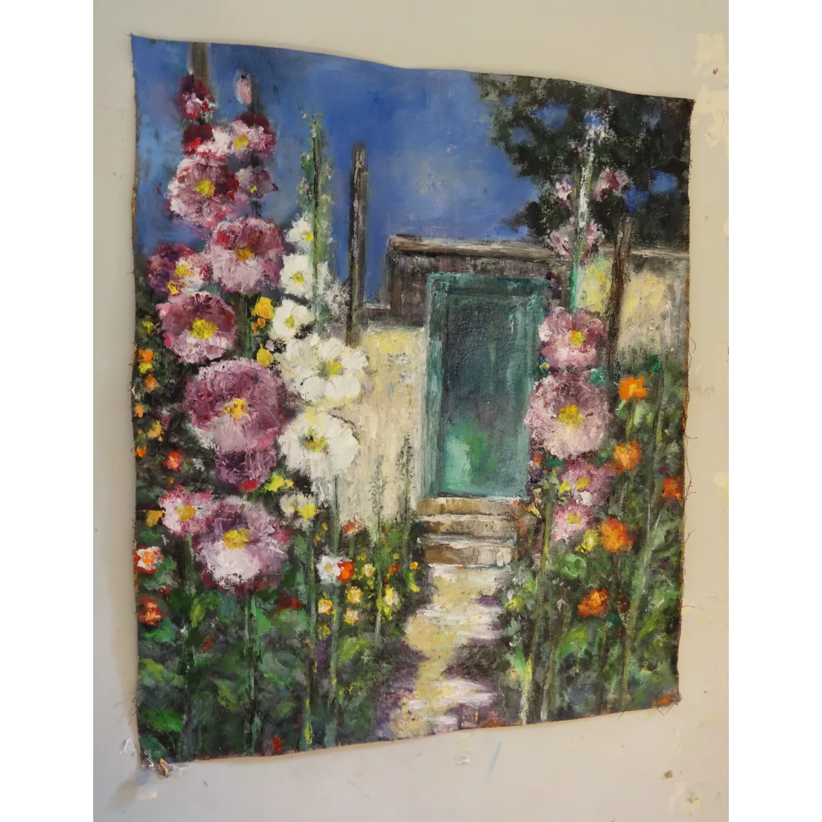 Garden Path to the Teal Door - Oil Painting
