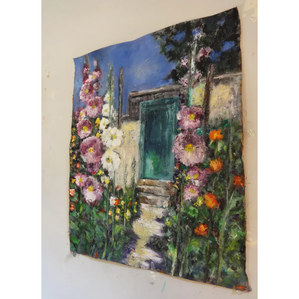 Garden Path to the Teal Door - Oil Painting