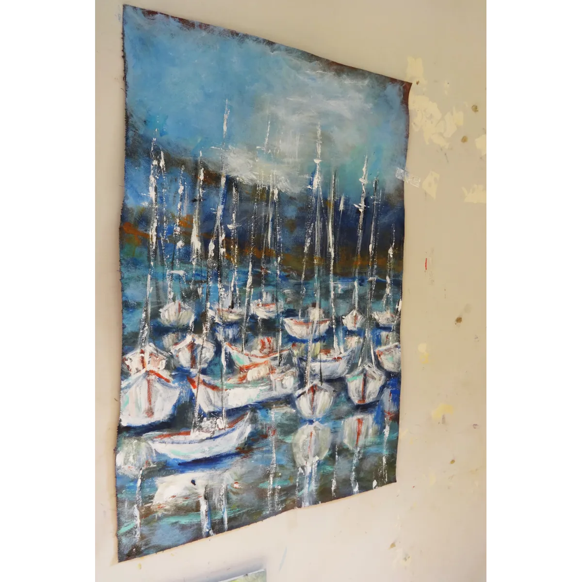 Sailboats at Harbor Semi Abstract Acrylic Painting