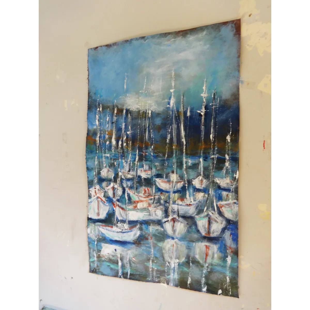 Sailboats at Harbor Semi Abstract Acrylic Painting