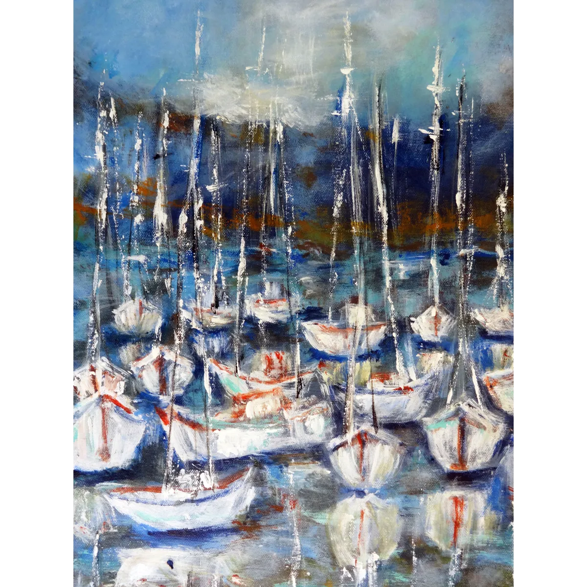Sailboats at Harbor Semi Abstract Acrylic Painting