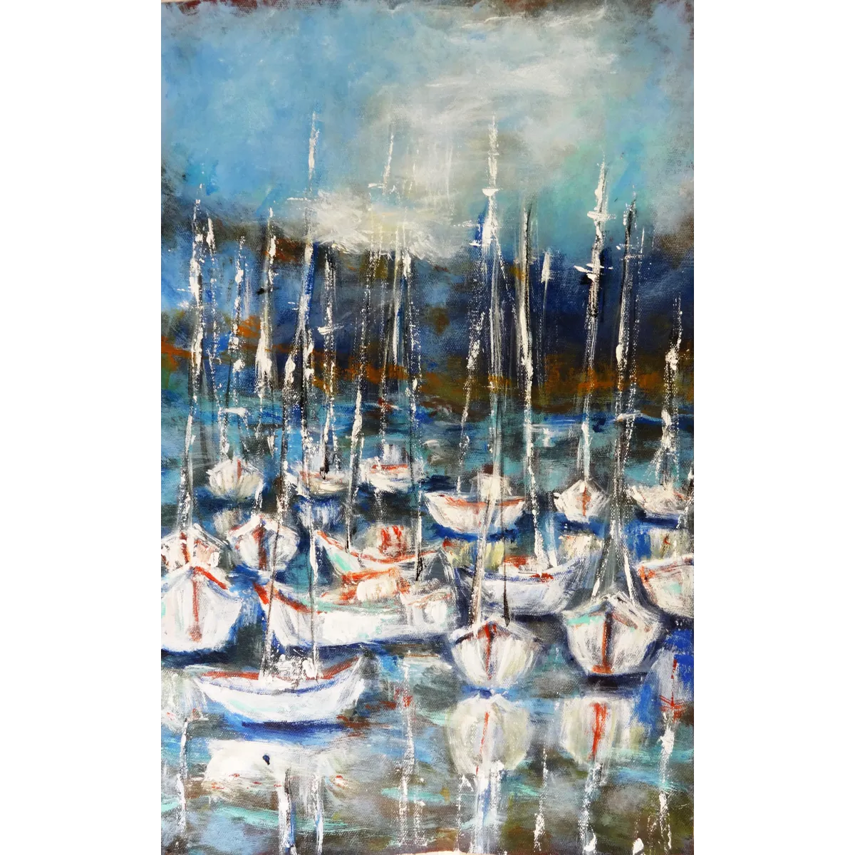 Sailboats at Harbor Semi Abstract Acrylic Painting