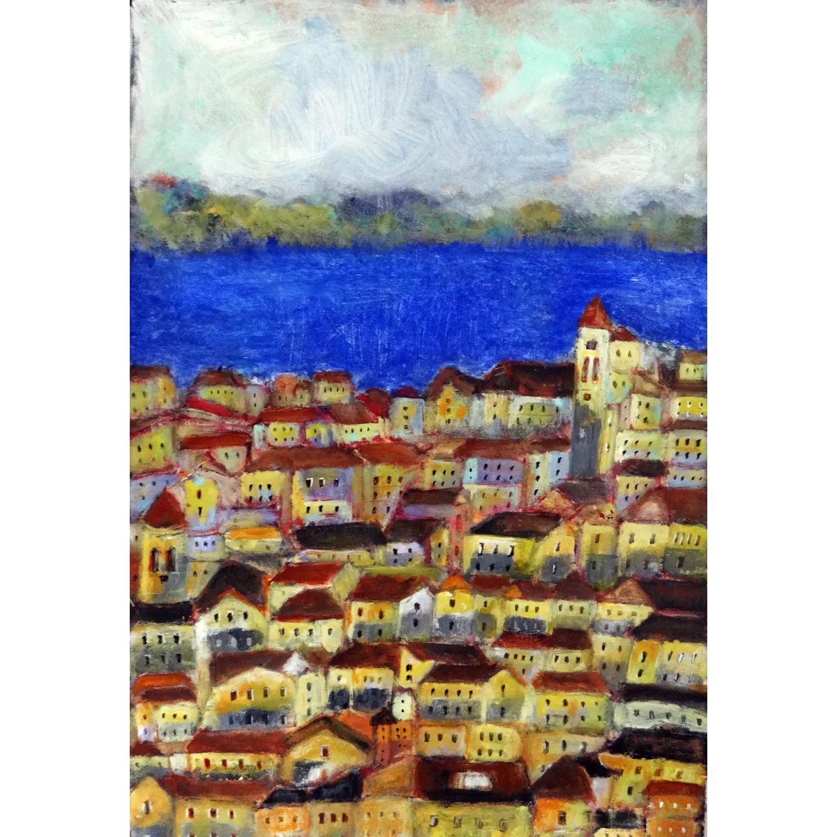 Sunwashed Silence — Corfu in Blue Semi Abstract Acrylic Painting