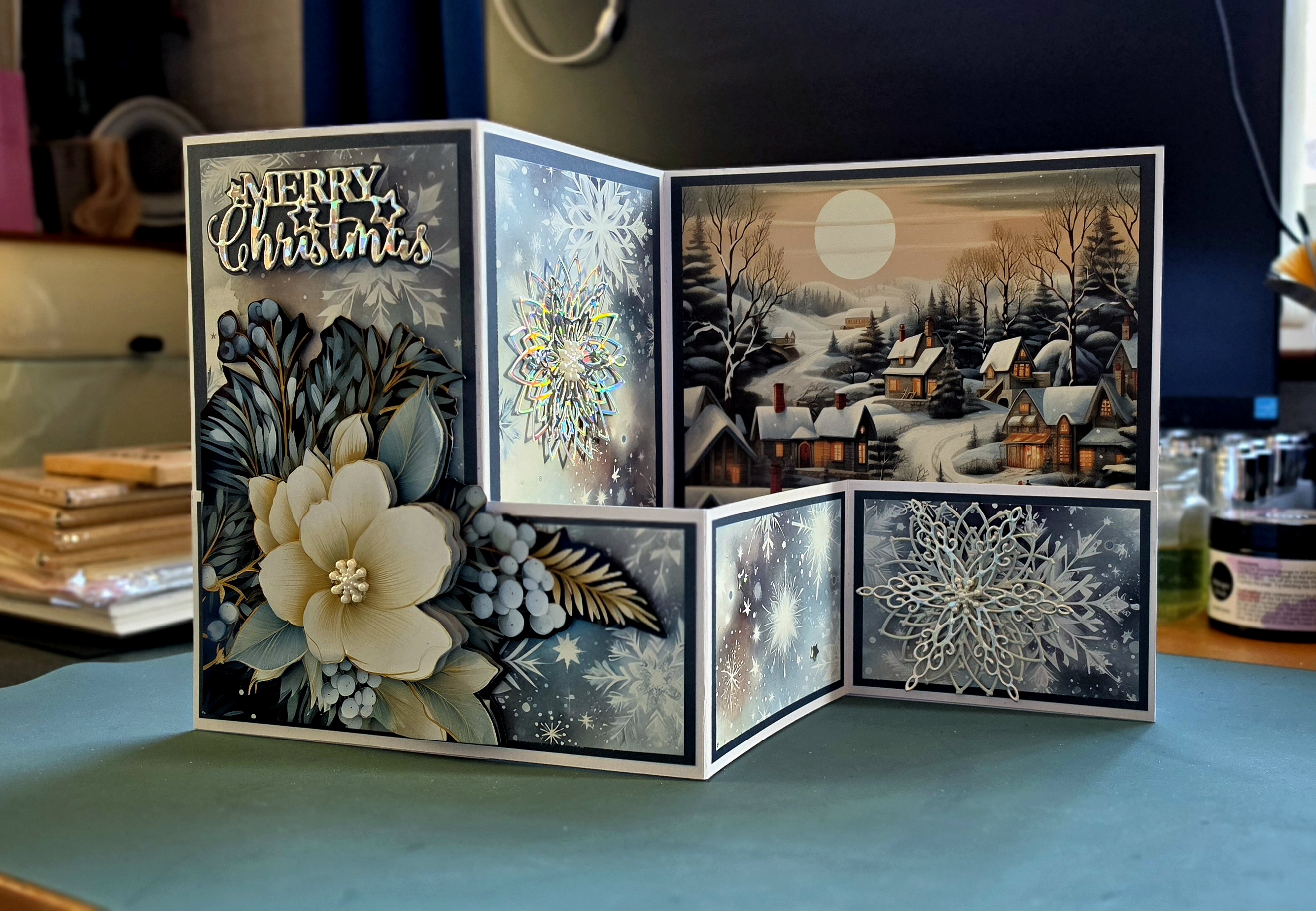 A Silent Christmas Eve – 8" × 7.5" Handmade Christmas Card with Moonlit Winter Village