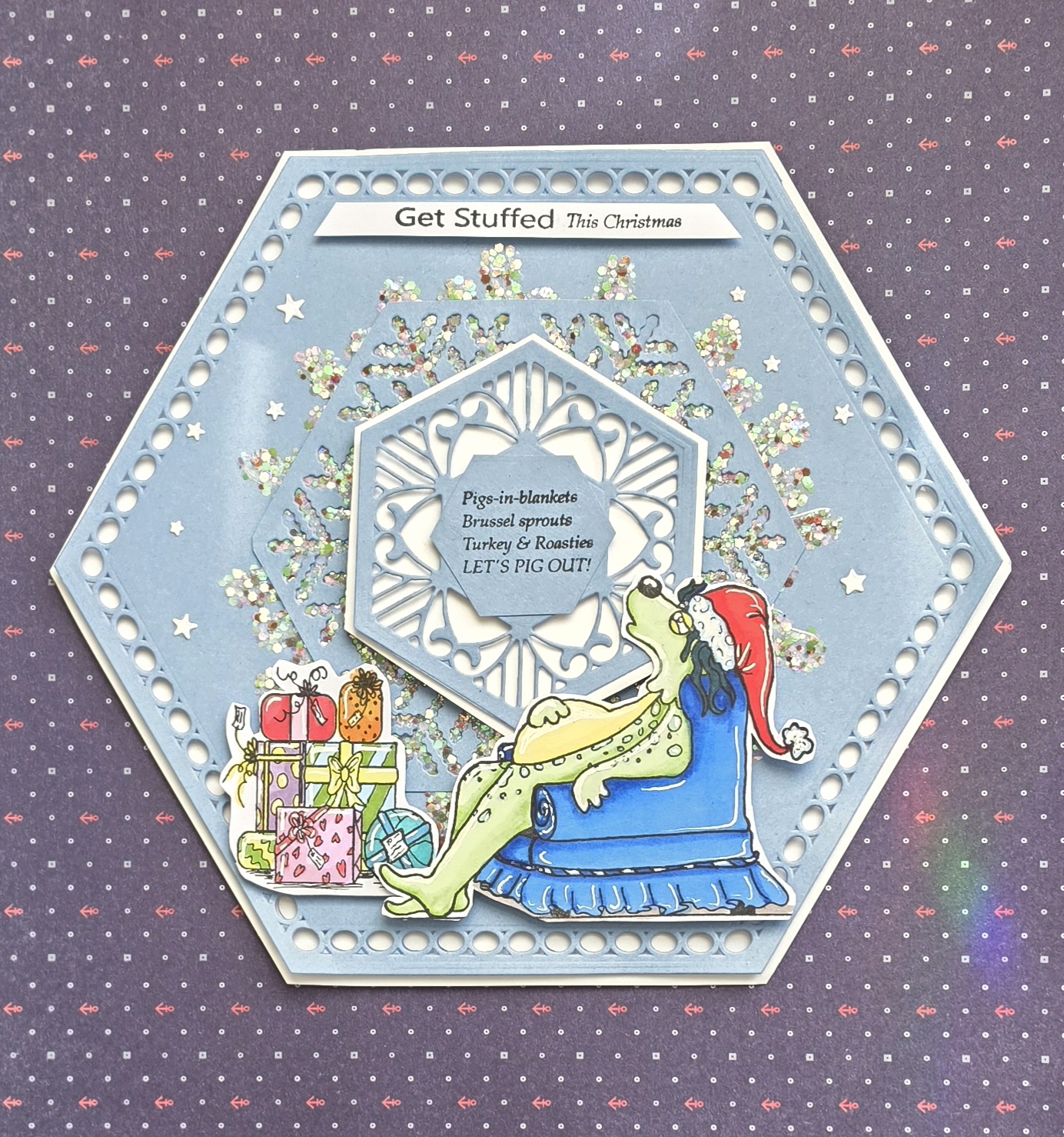 Doofus’s Christmas Feast – Funny Handmade Hexagon Christmas Card by Angie Davis