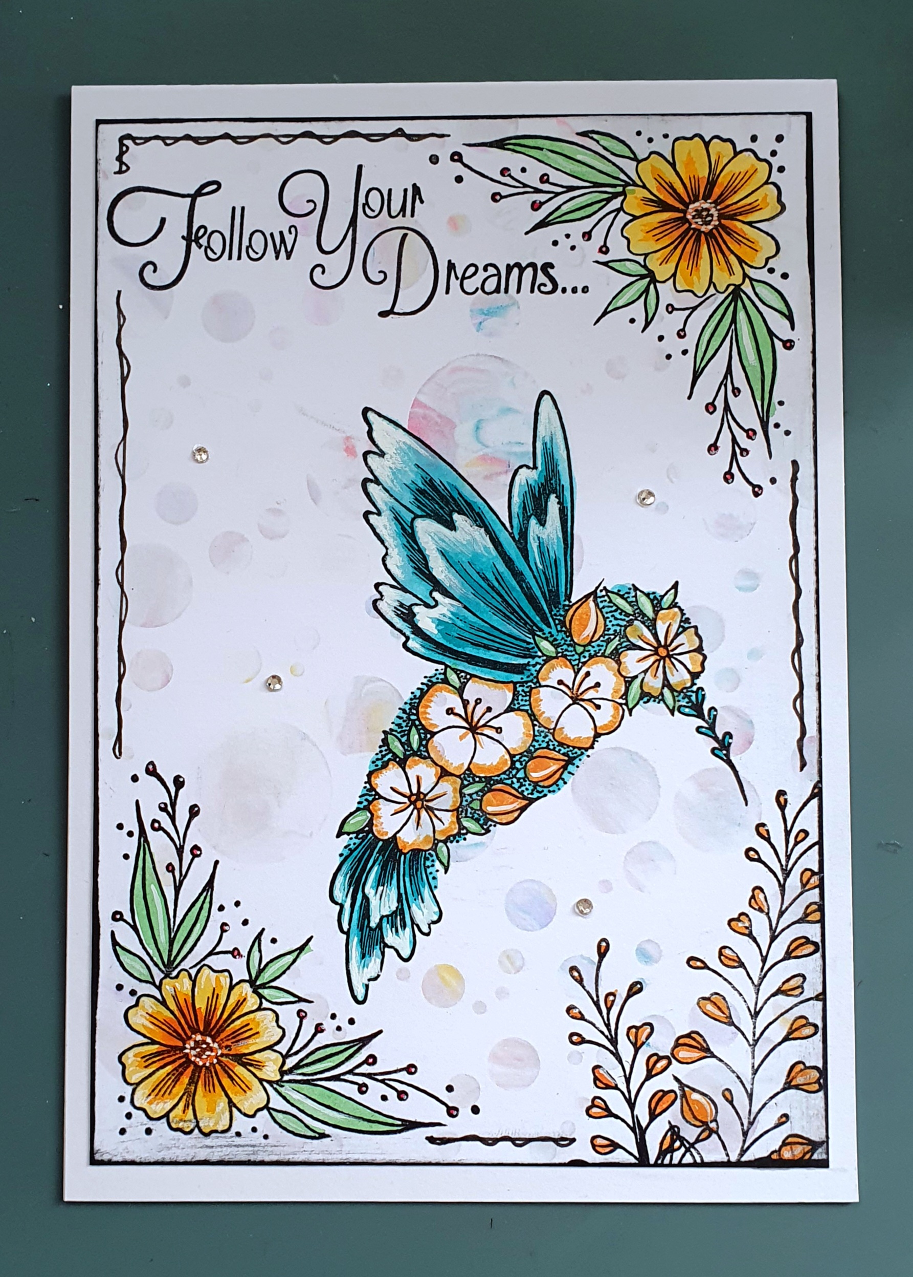 Follow Your Dreams – Elegant Floral Hummingbird Handmade Greeting Card by AngieD