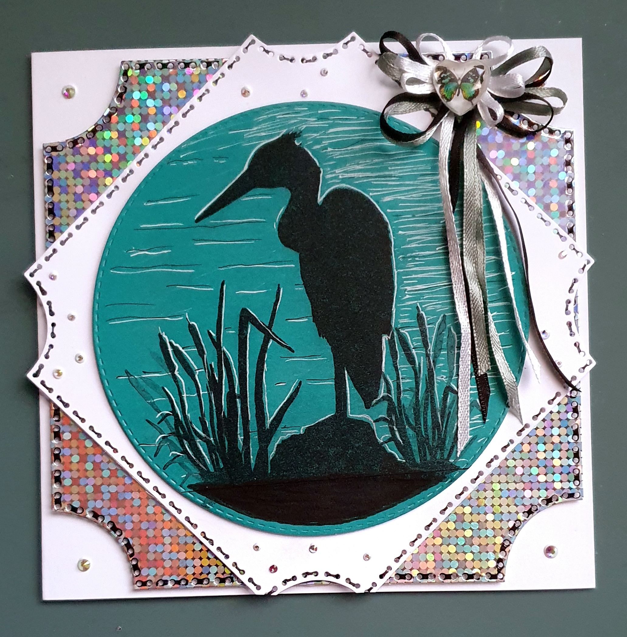 Moonlit Heron Reflections – Handmade Wildlife Greeting Card by AngieD