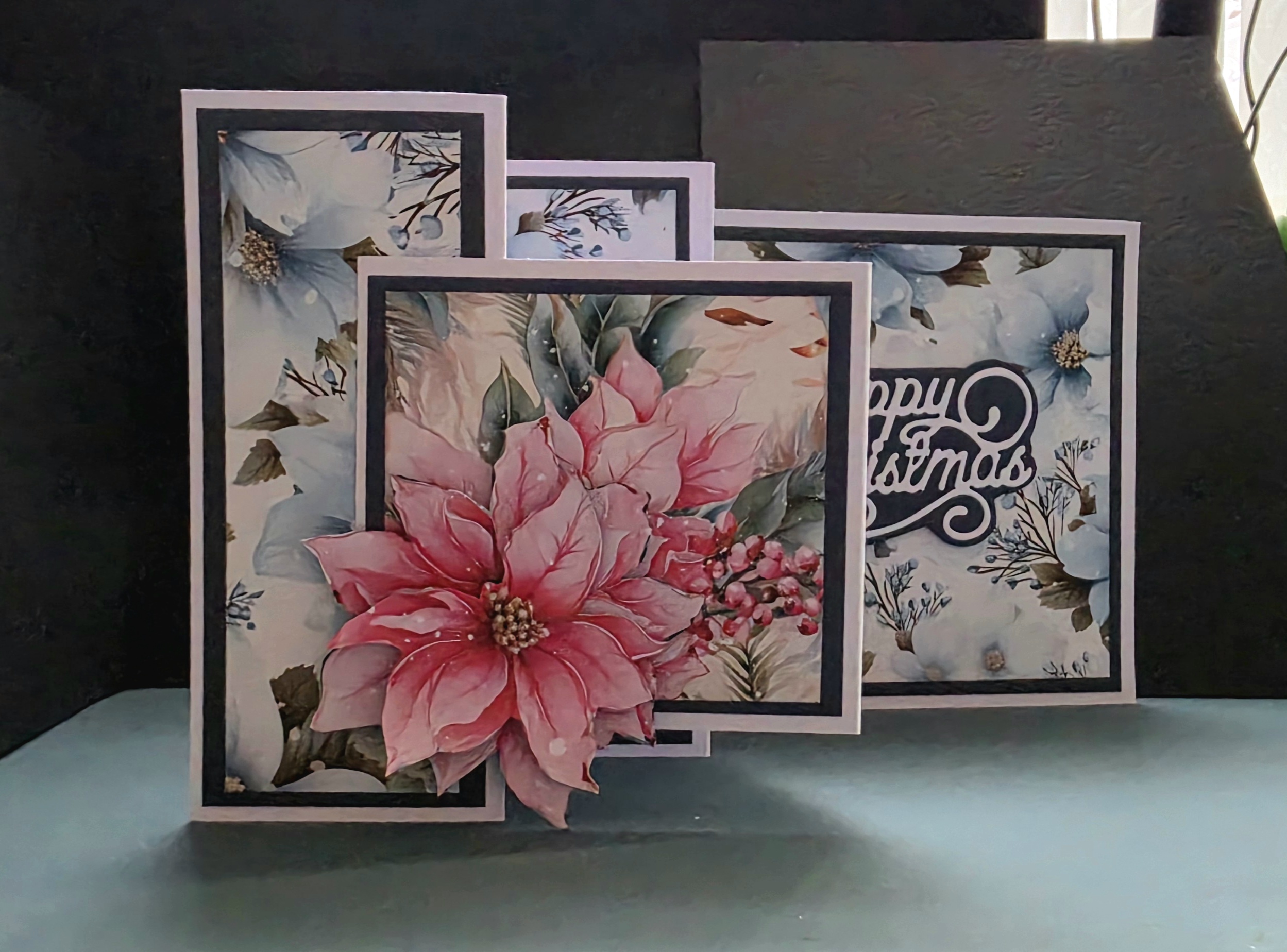 Pink Poinsettia & Blue Floral Design - 7" × 7" W Christmas Card with Front V Panel
