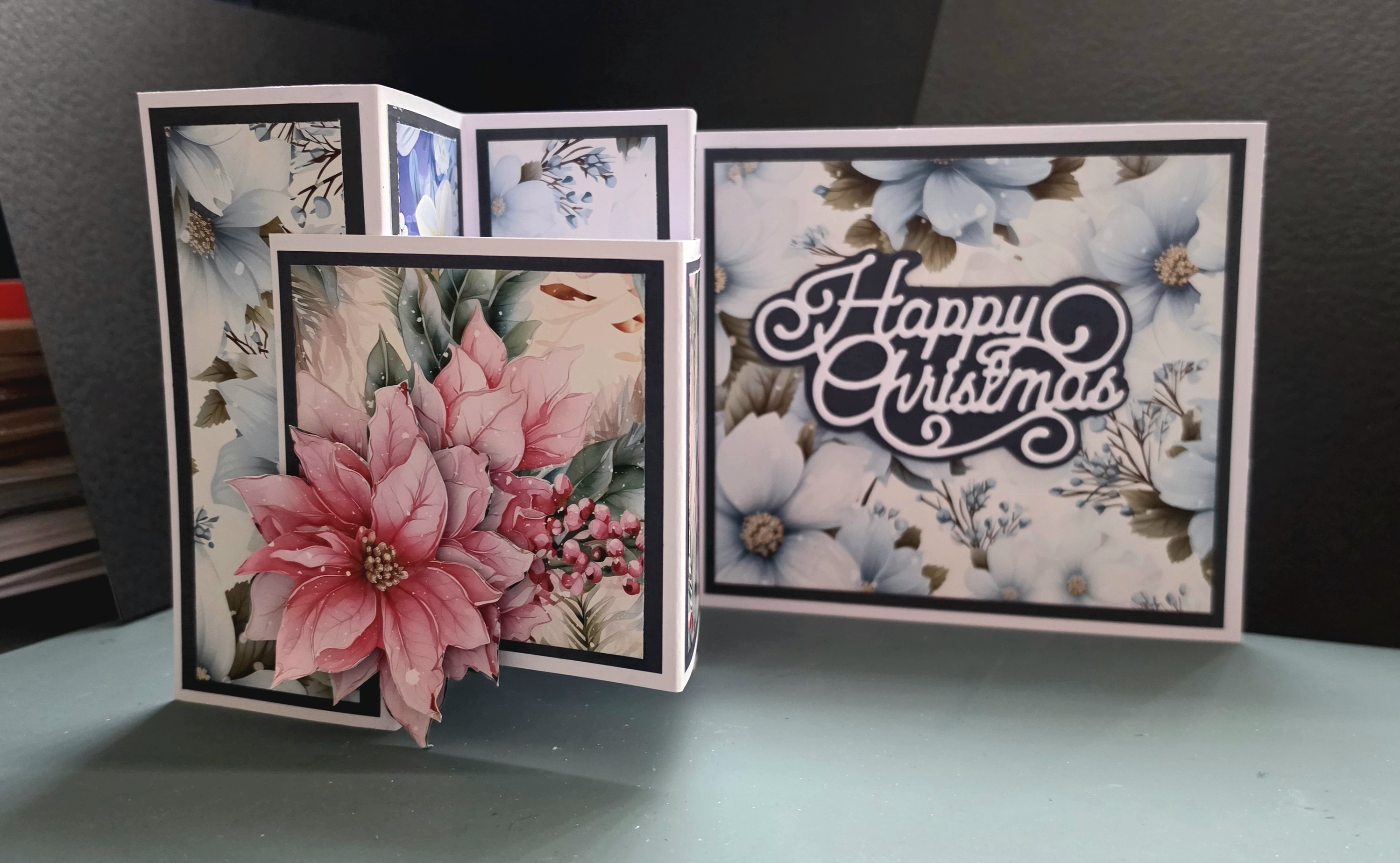 Pink Poinsettia & Blue Floral Design - 7" × 7" W Christmas Card with Front V Panel