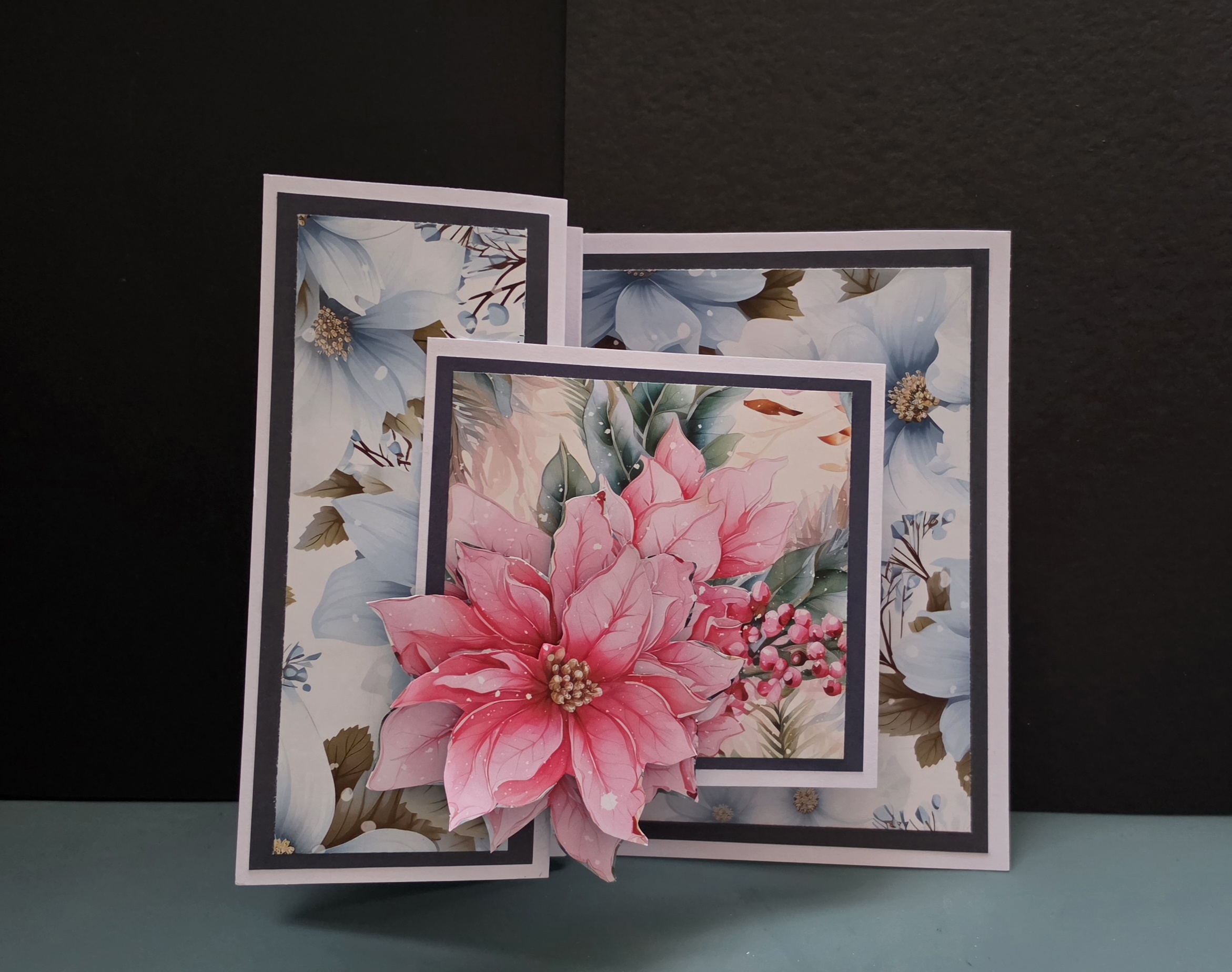 Pink Poinsettia & Blue Floral Design - 7" × 7" W Christmas Card with Front V Panel