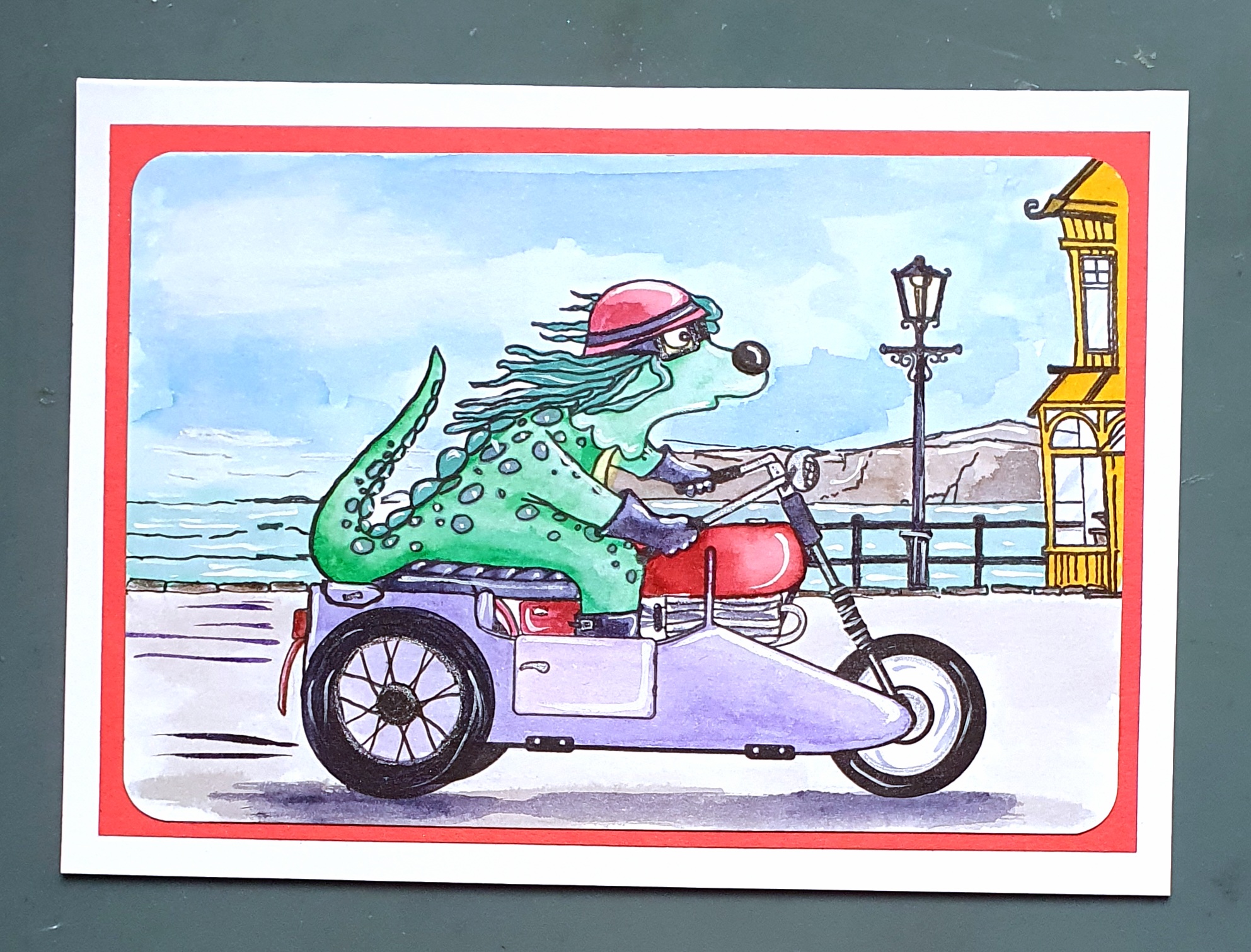 “Seaside Shenanigans with Doofus” – Doofus & Dolly Motorcycle Adventure Handmade Card by AngieD