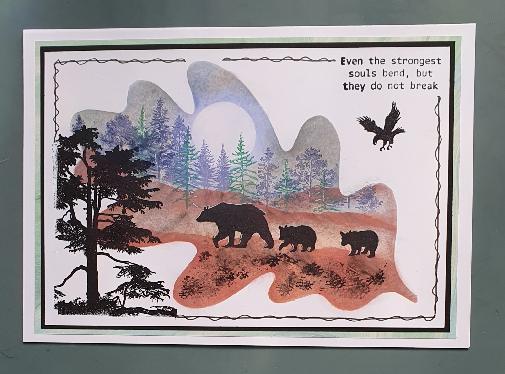 “Strength in Nature – Autumn Bear Journey” – Oak Leaf Stencil Handmade Inspirational Card by AngieD