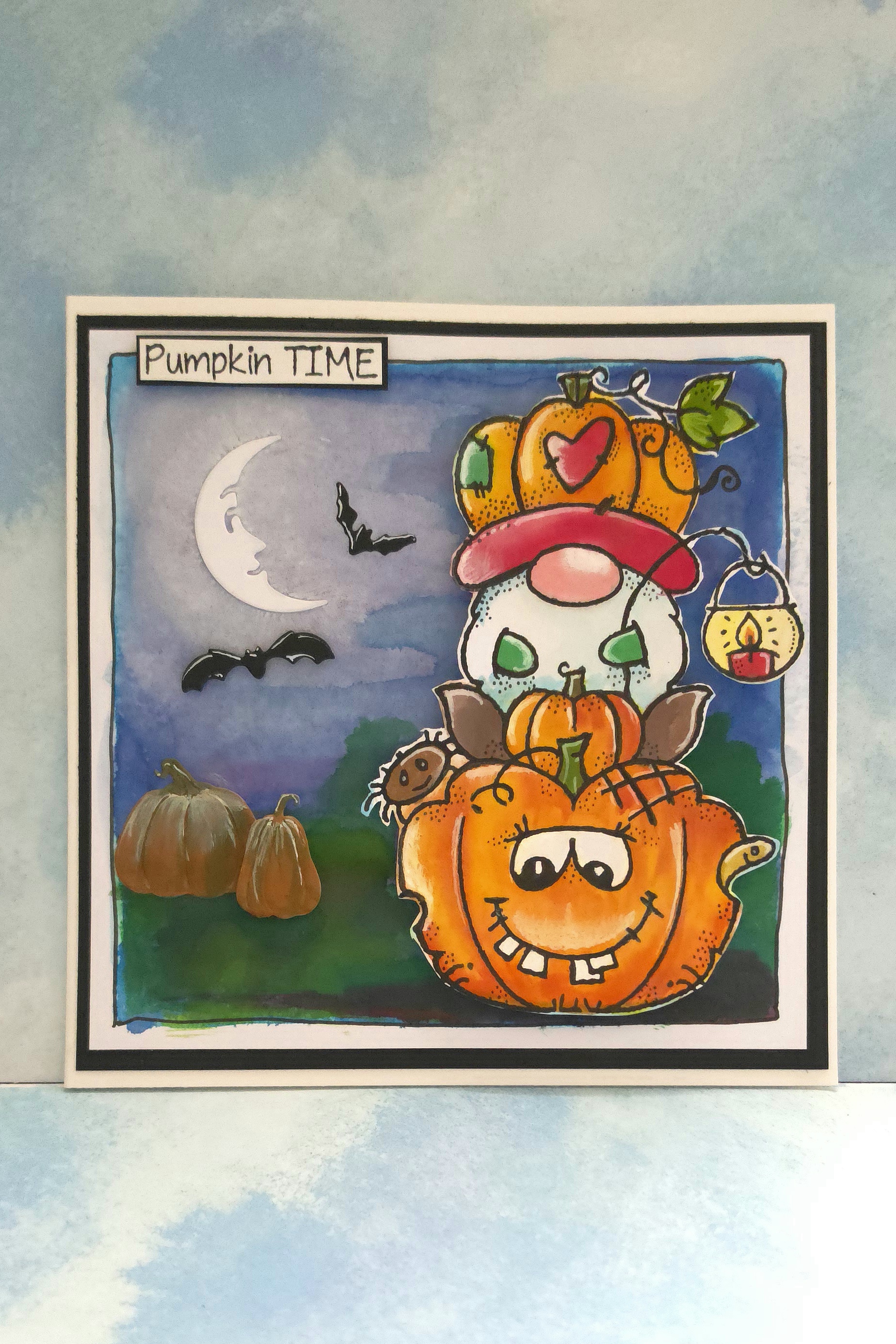The Great Pumpkin Hat Caper! – Handmade Halloween Gnome Greeting Card by Angie Davis