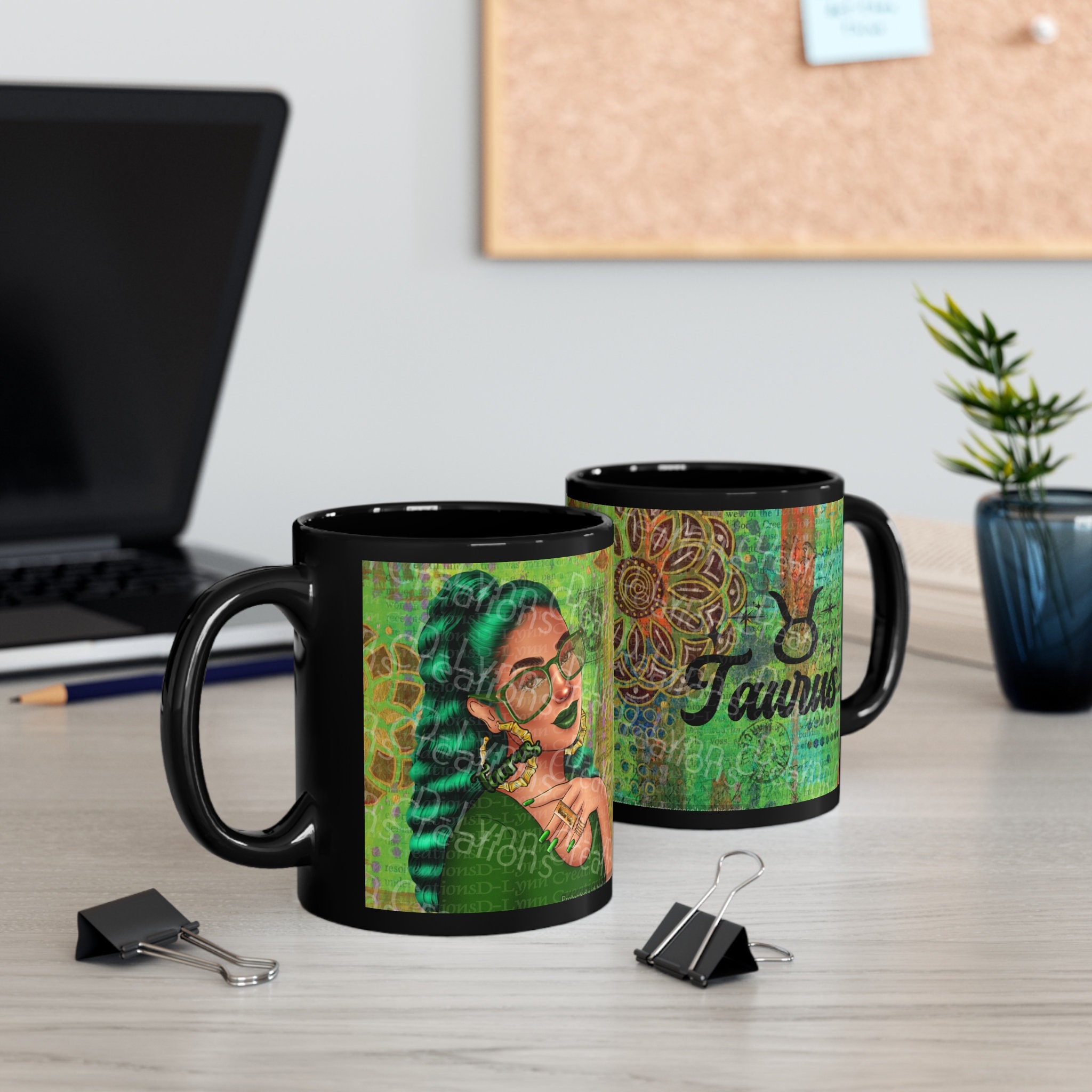 Her Zodiac Sign is Taurus, Light Skinned Woman of Color 11oz Black Ceramic Mug (watermark removed wh