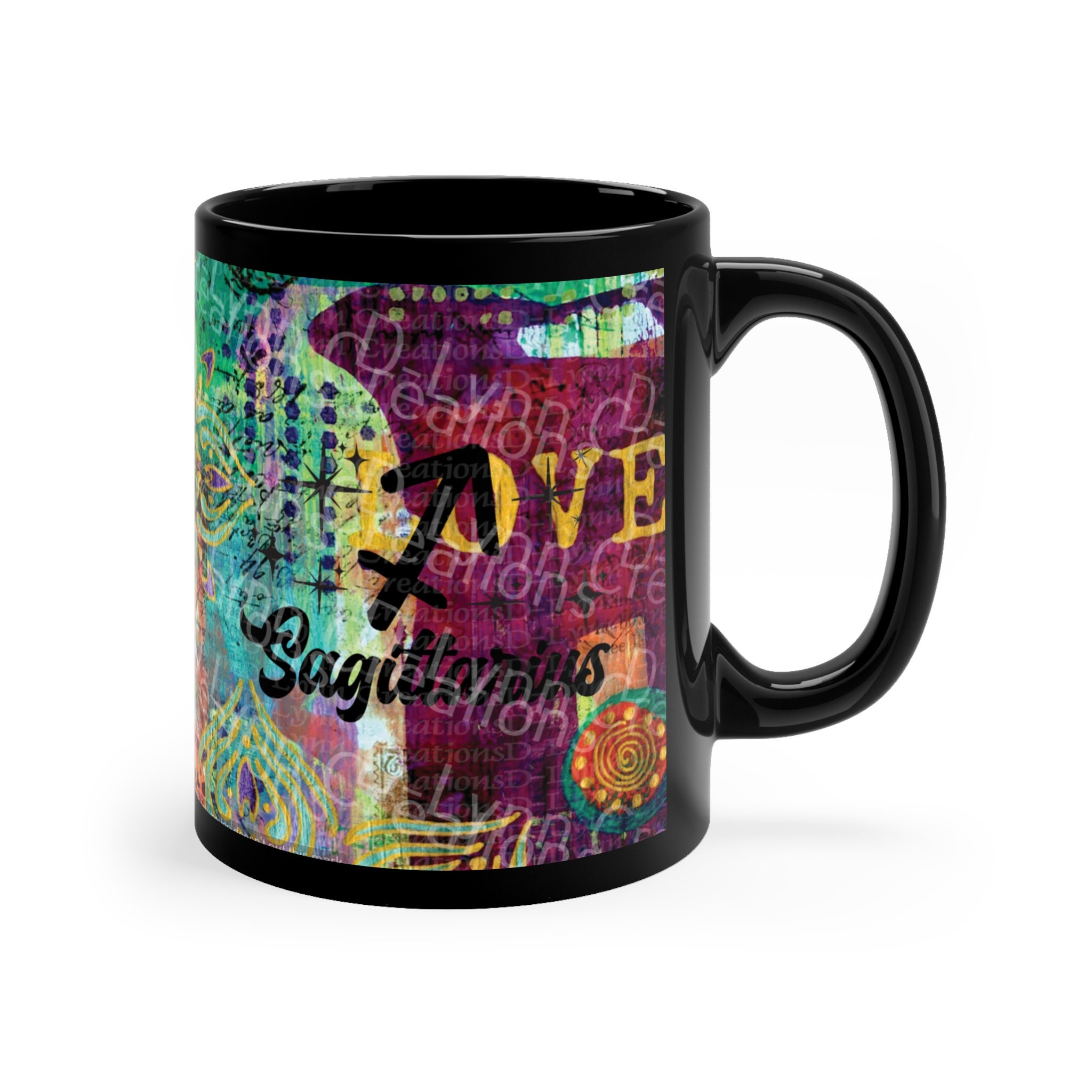 Her Zodiac Sign is Sagittarius, Light Skinned Woman of Color 11oz Black Ceramic Mug (watermark remov