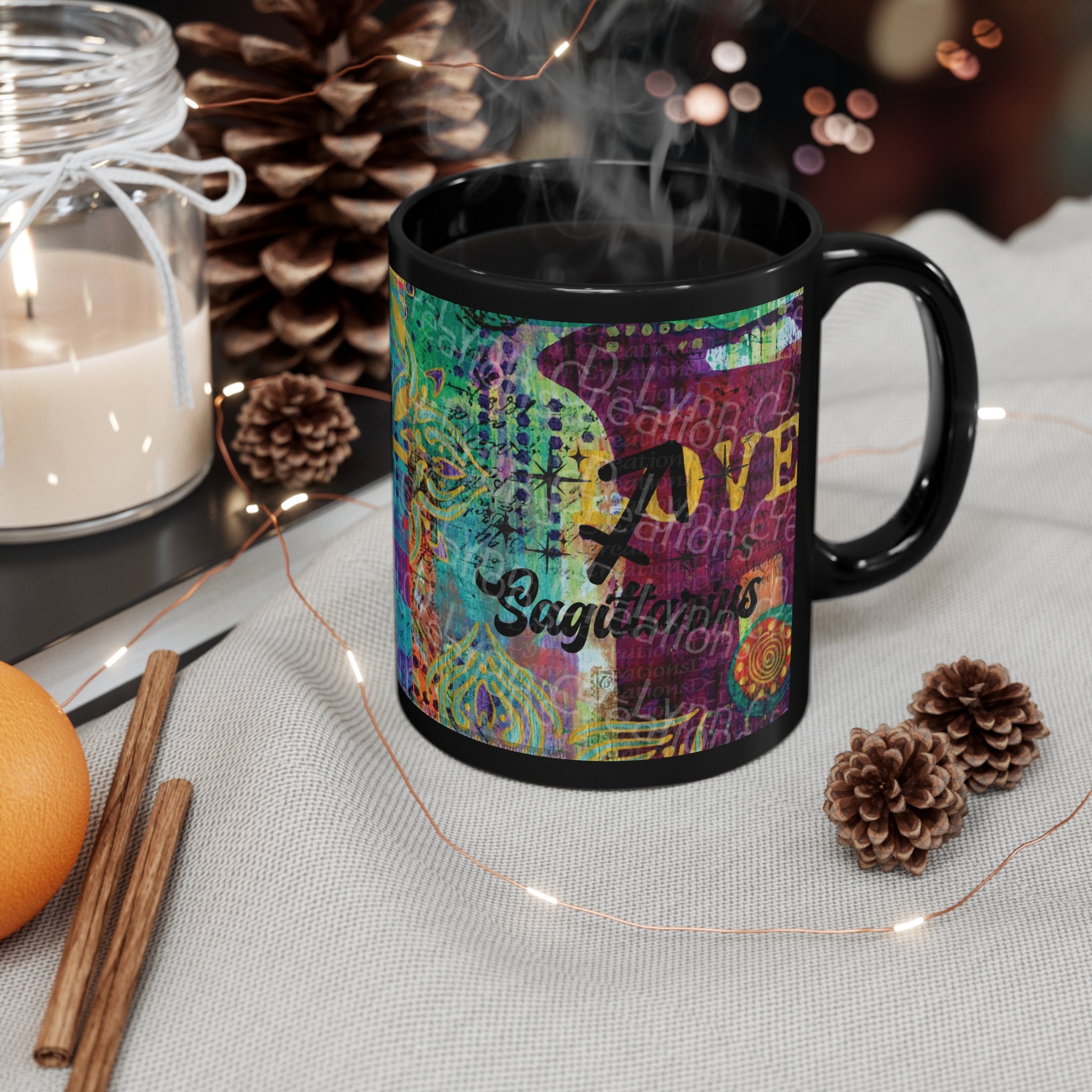 Her Zodiac Sign is Sagittarius, Light Skinned Woman of Color 11oz Black Ceramic Mug (watermark remov