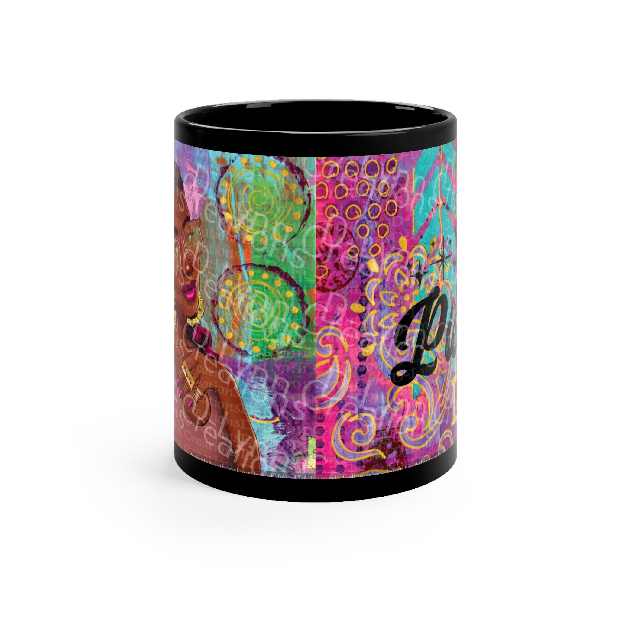 Her Zodiac Sign is Pisces, Dark Skinned Woman of Color 11oz Black Ceramic Mug (watermark removed whe