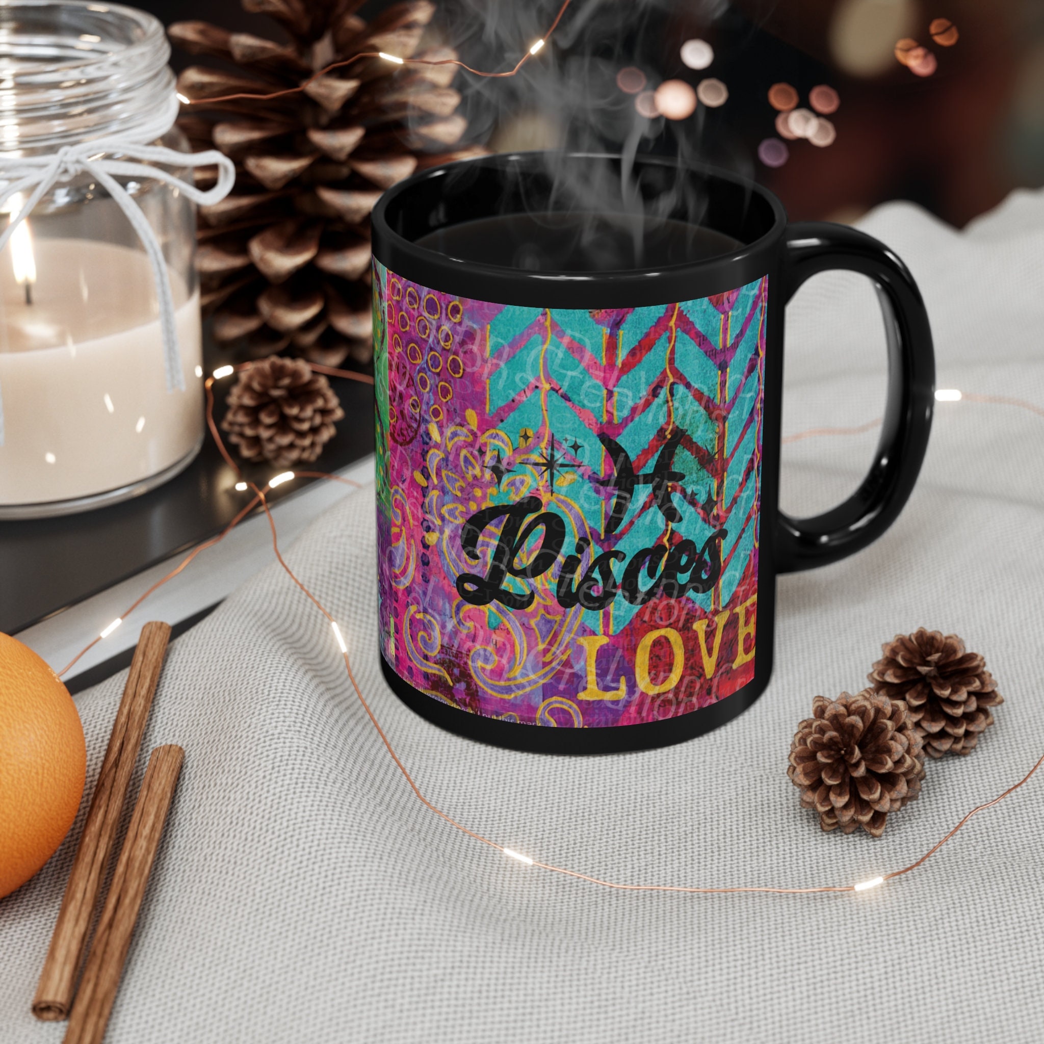 Her Zodiac Sign is Pisces, Dark Skinned Woman of Color 11oz Black Ceramic Mug (watermark removed whe