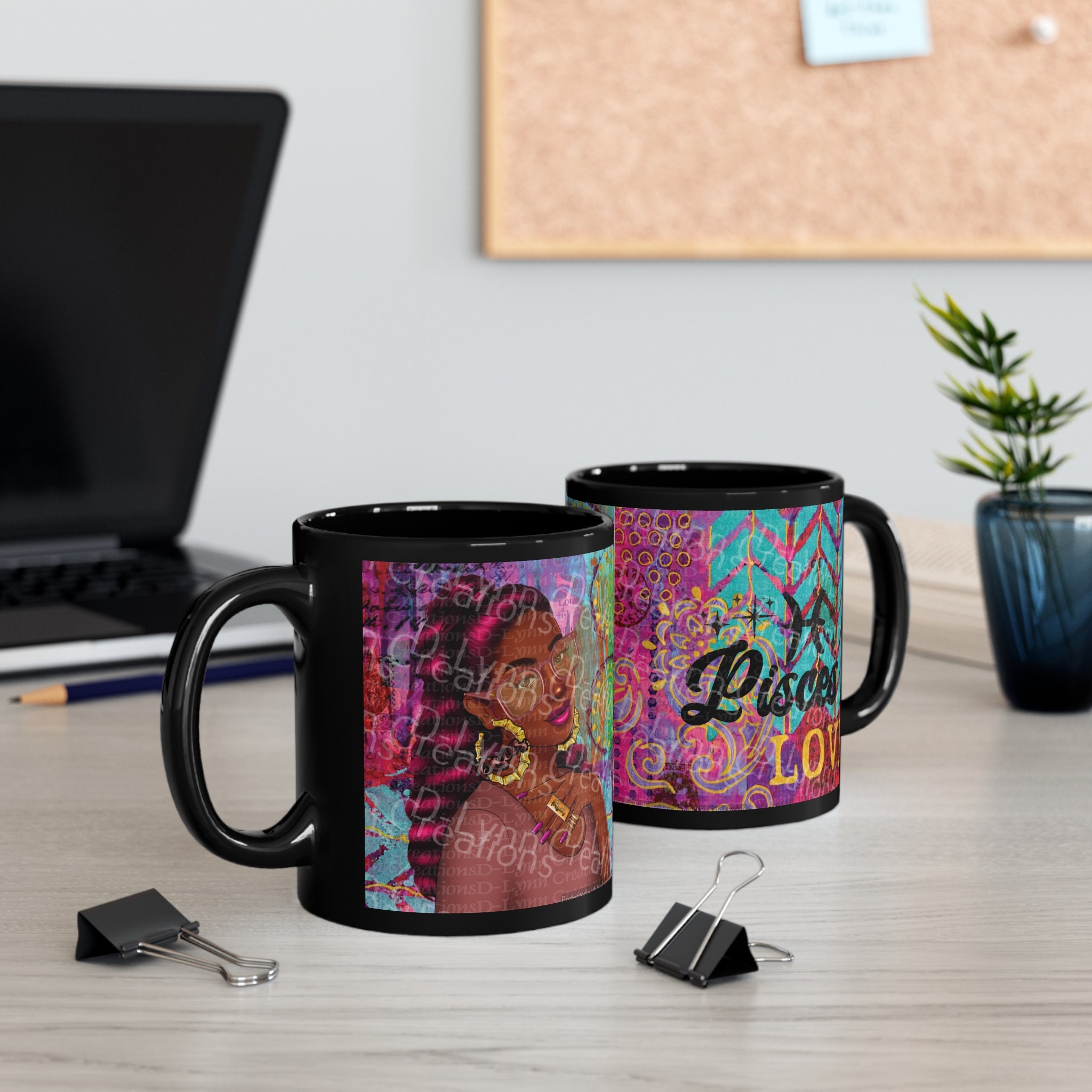 Her Zodiac Sign is Pisces, Dark Skinned Woman of Color 11oz Black Ceramic Mug (watermark removed whe