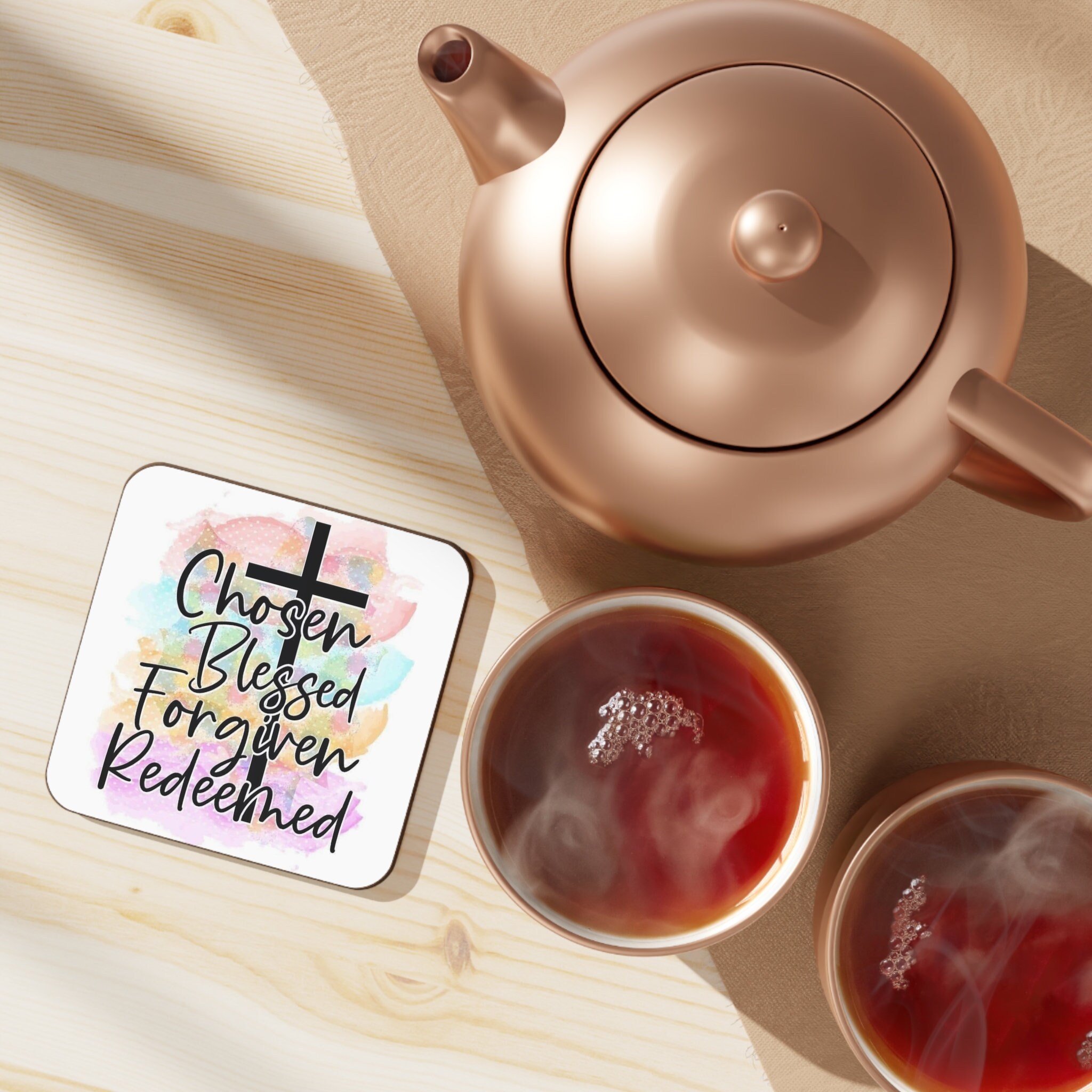 Chosen, Blessed, Forgiven, Redeemed, Hardboard Back Coaster, 3.5" x 3.5"