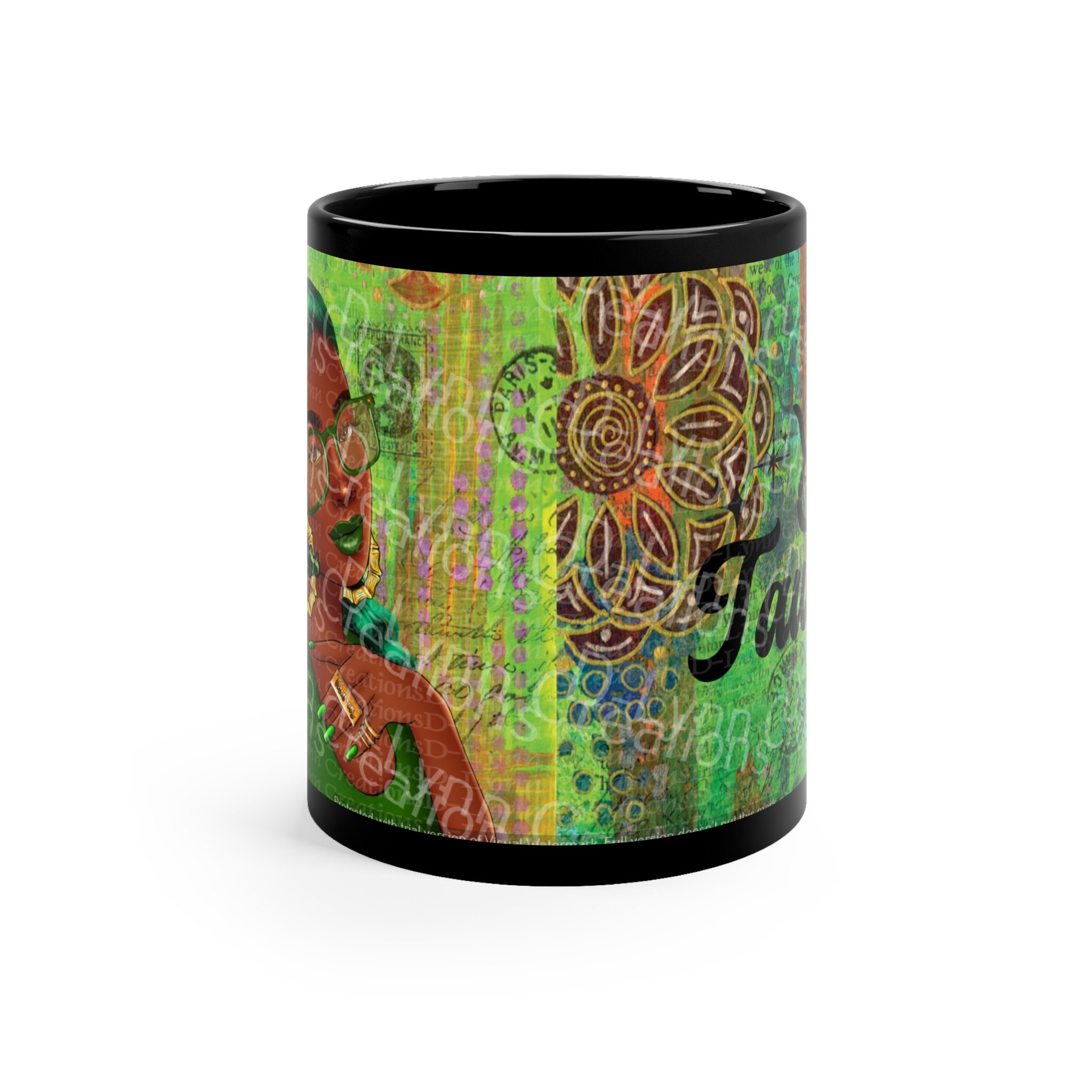 Her Zodiac Sign is Taurus, Dark Skinned Woman of Color 11oz Black Ceramic Mug (watermark removed whe
