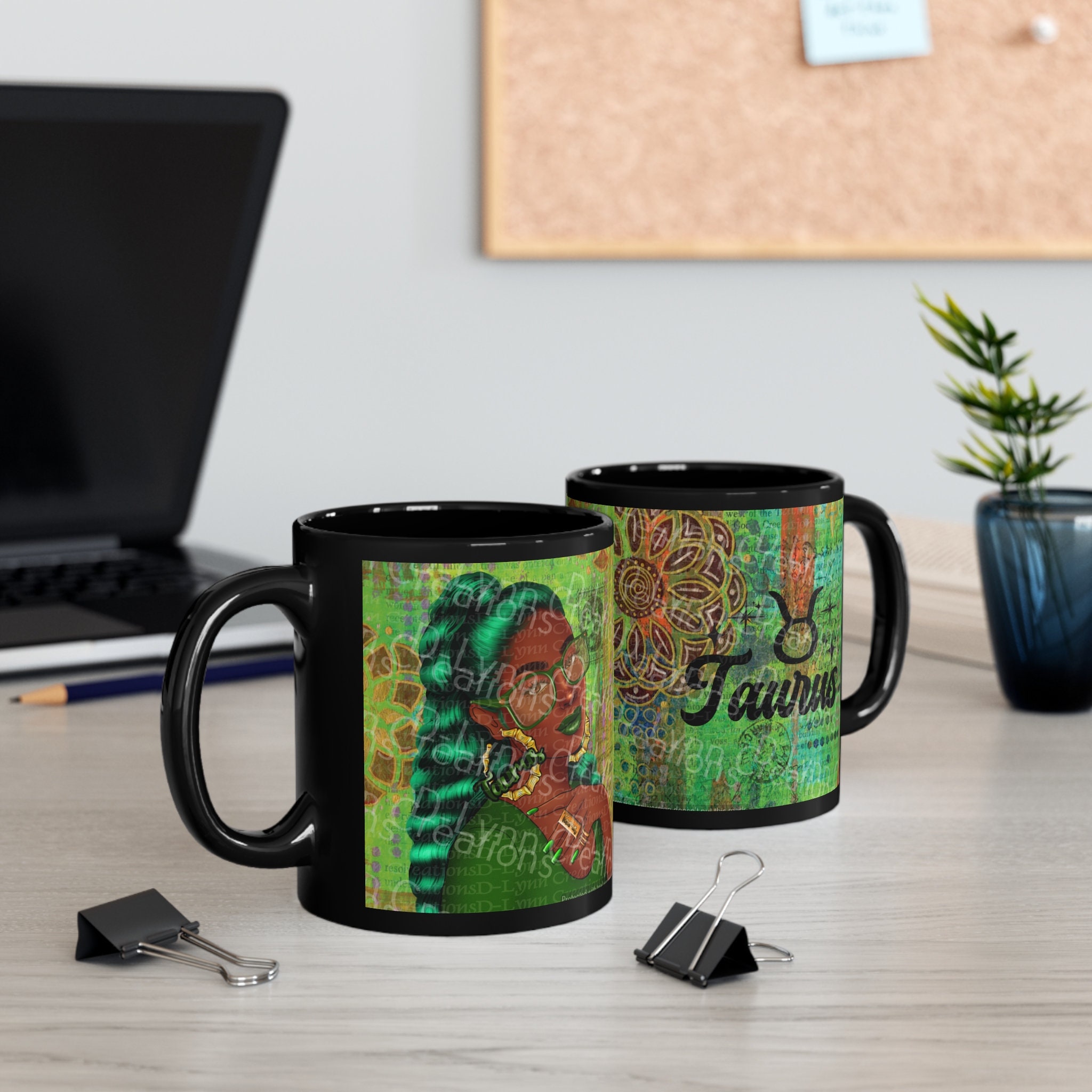 Her Zodiac Sign is Taurus, Dark Skinned Woman of Color 11oz Black Ceramic Mug (watermark removed whe