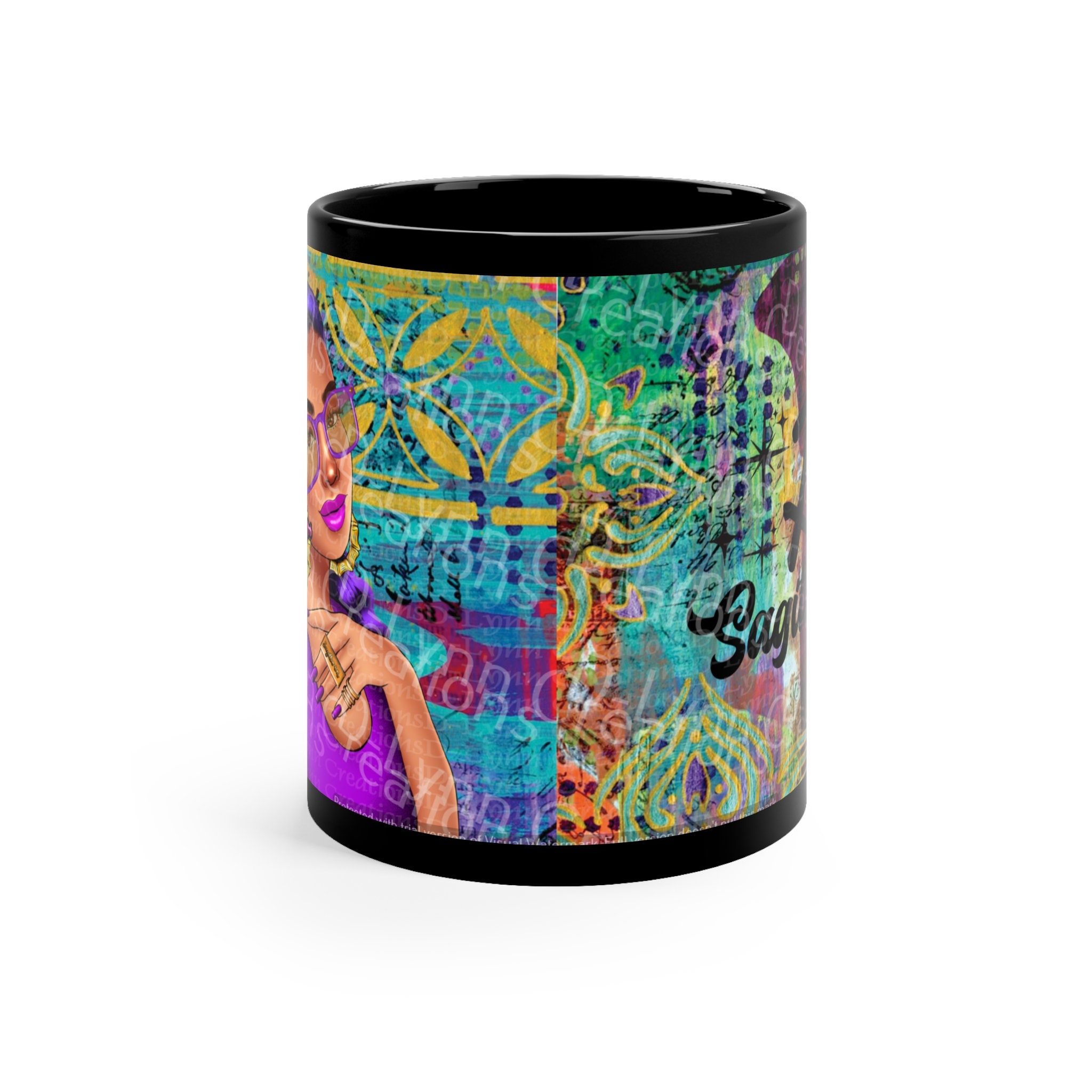 Her Zodiac Sign is Sagittarius, Light Skinned Woman of Color 11oz Black Ceramic Mug (watermark remov
