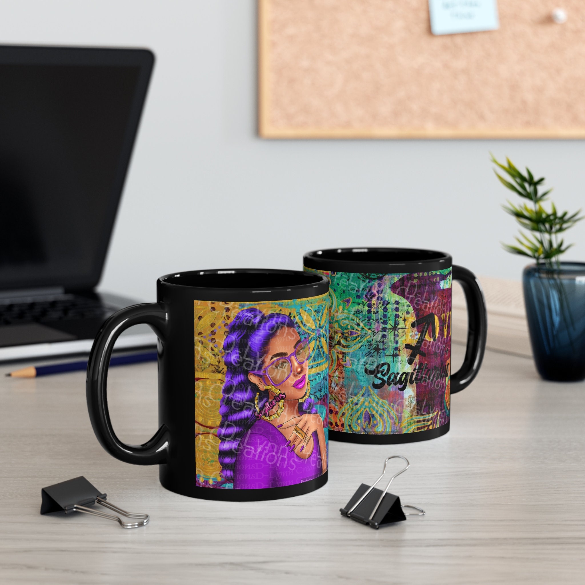 Her Zodiac Sign is Sagittarius, Light Skinned Woman of Color 11oz Black Ceramic Mug (watermark remov