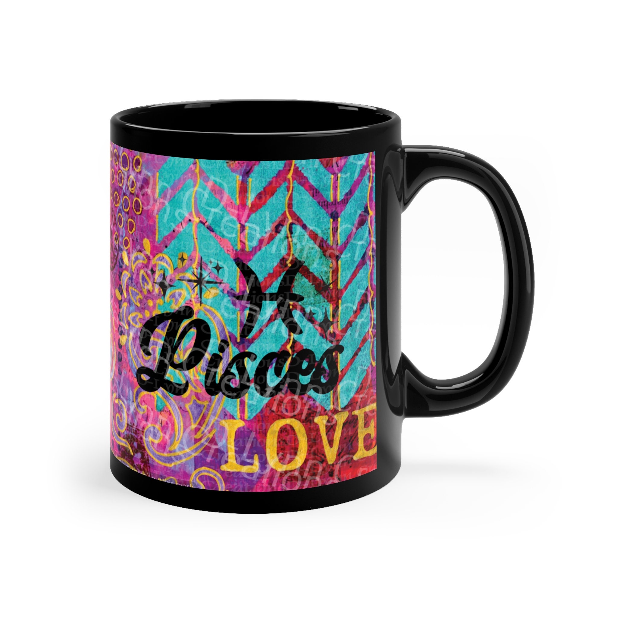 Her Zodiac Sign is Pisces, Dark Skinned Woman of Color 11oz Black Ceramic Mug (watermark removed whe
