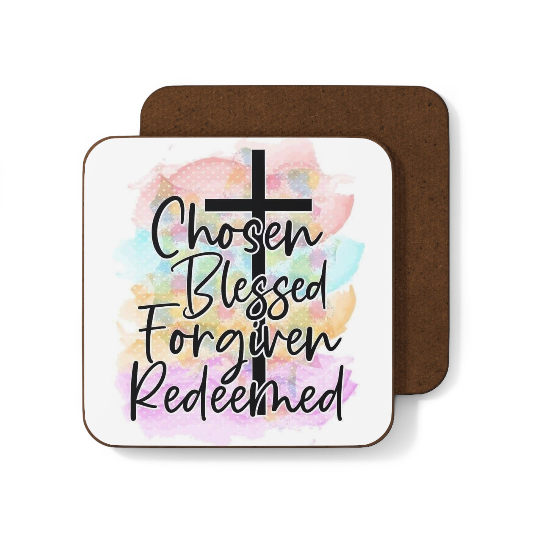 Chosen, Blessed, Forgiven, Redeemed, Hardboard Back Coaster, 3.5" x 3.5"