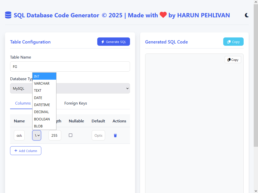 SQL Database Code Generator