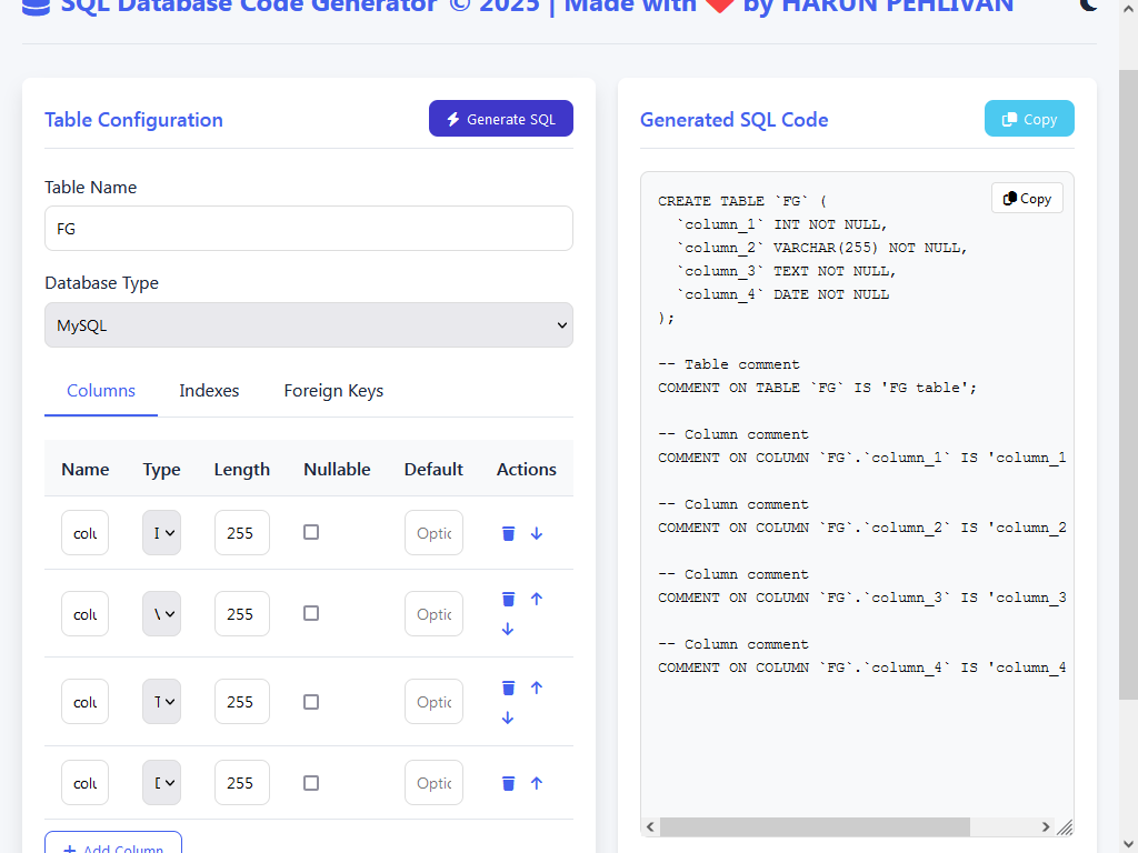 SQL Database Code Generator