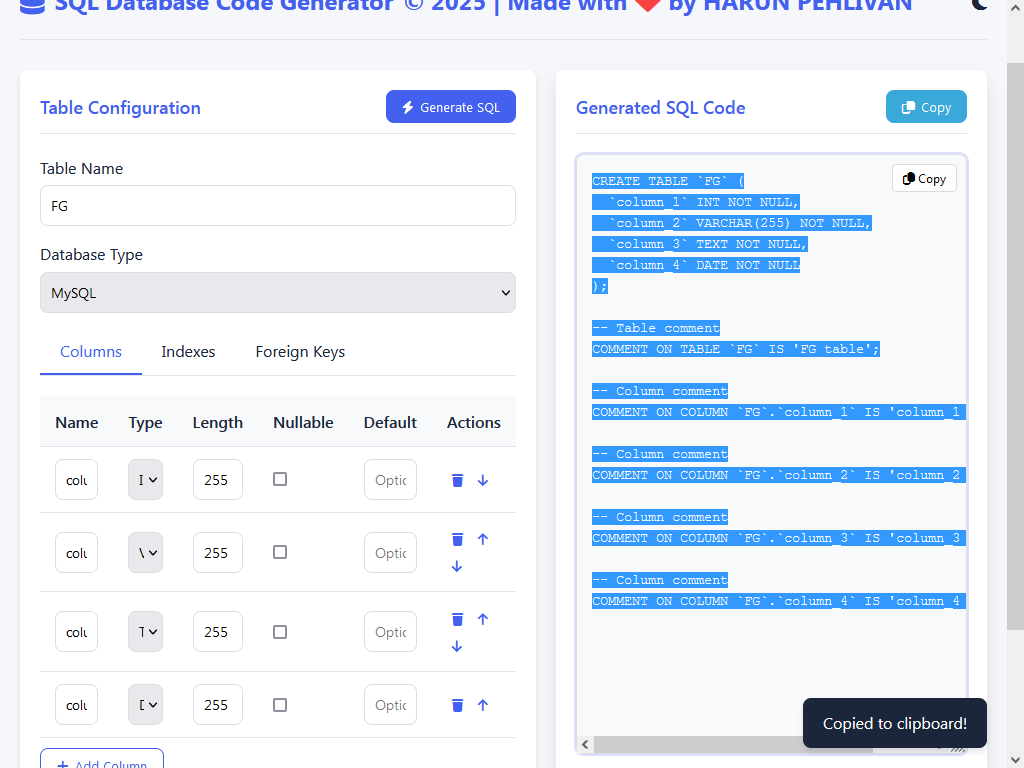 SQL Database Code Generator