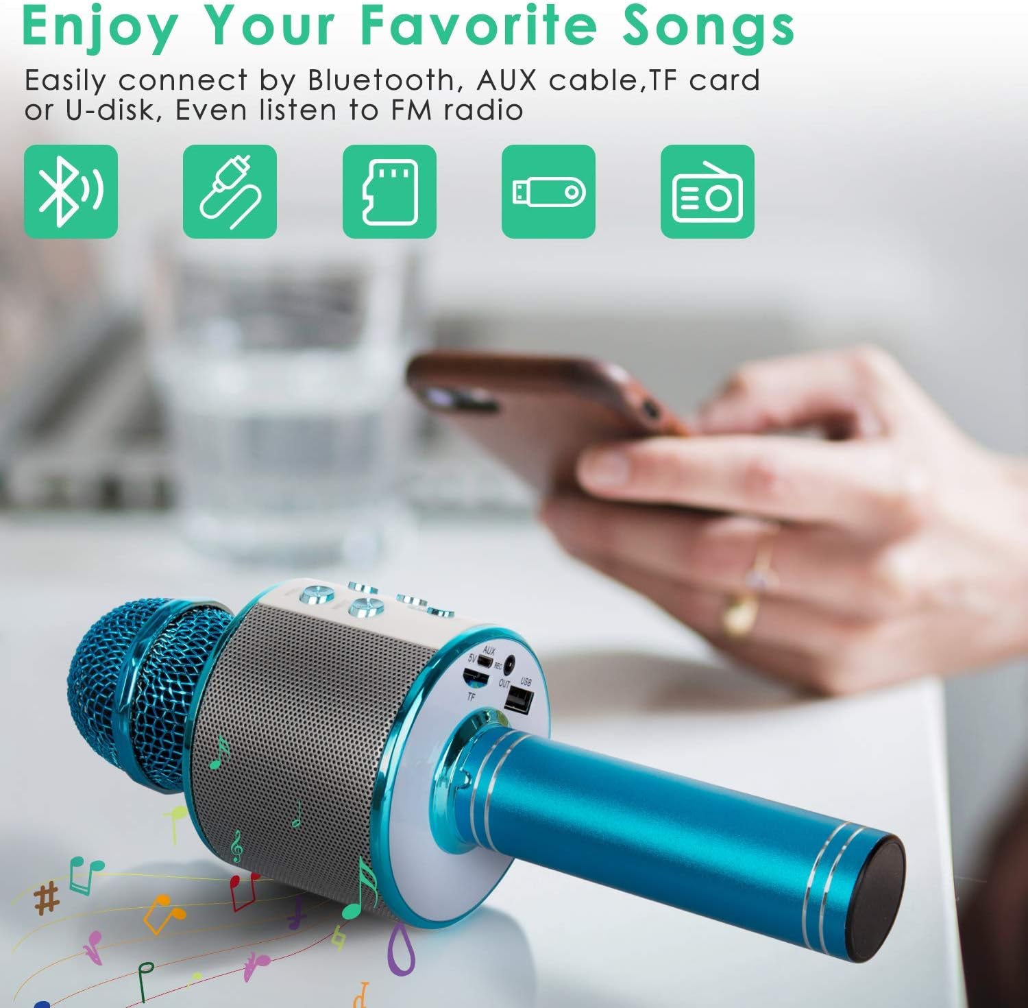 Micrófono Inalámbrico Bluetooth Karaoke, 5-en-1 Portátil Radio FM Karaoke Mic Altavoz Reproductor
