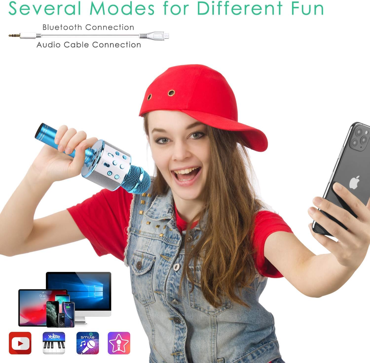 Micrófono Inalámbrico Bluetooth Karaoke, 5-en-1 Portátil Radio FM Karaoke Mic Altavoz Reproductor