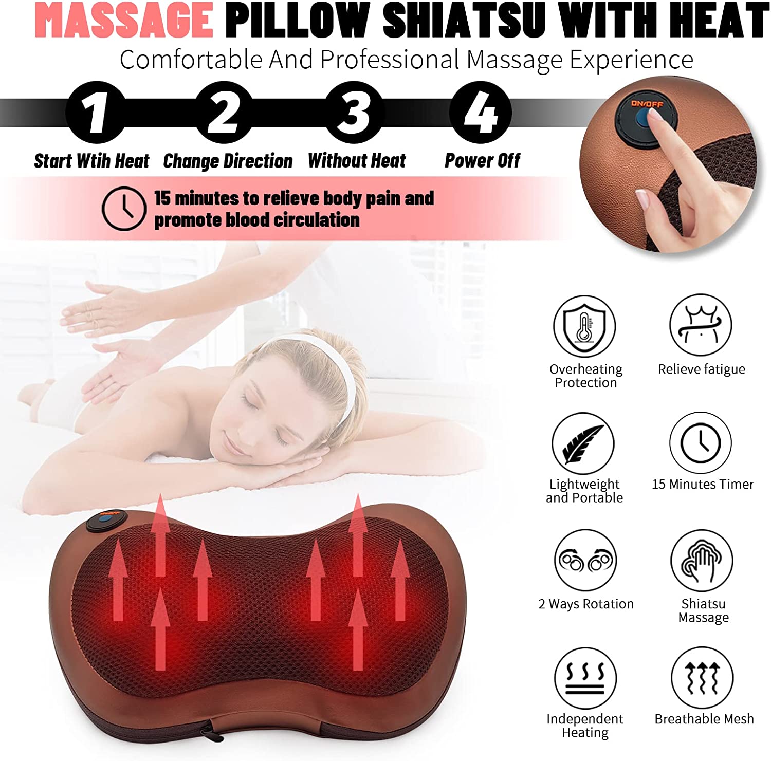 Cojín de Masaje Eléctrico Masajeador Almohada Masajeador Shiatsu con 3 Niveles