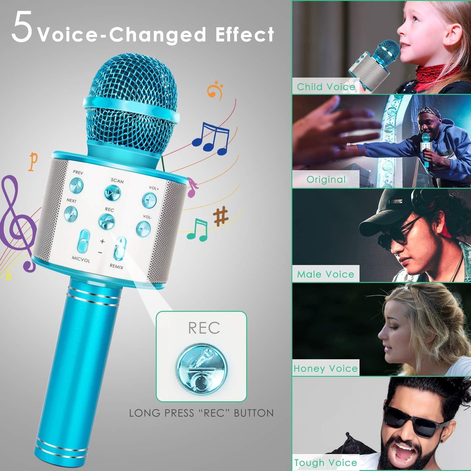 Micrófono Inalámbrico Bluetooth Karaoke, 5-en-1 Portátil Radio FM Karaoke Mic Altavoz Reproductor