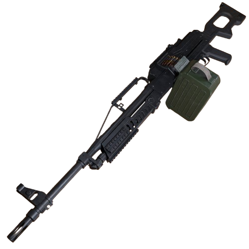 1:1 PKP Pecheneg — 3D printed inert prop. Painted, assembled, blaze orange tip.