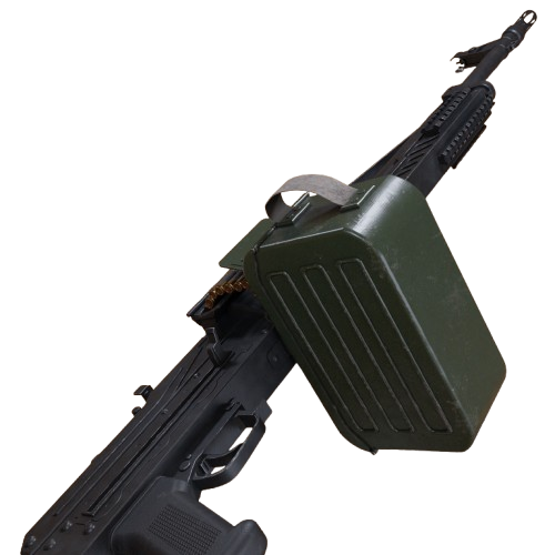 1:1 PKP Pecheneg — 3D printed inert prop. Painted, assembled, blaze orange tip.