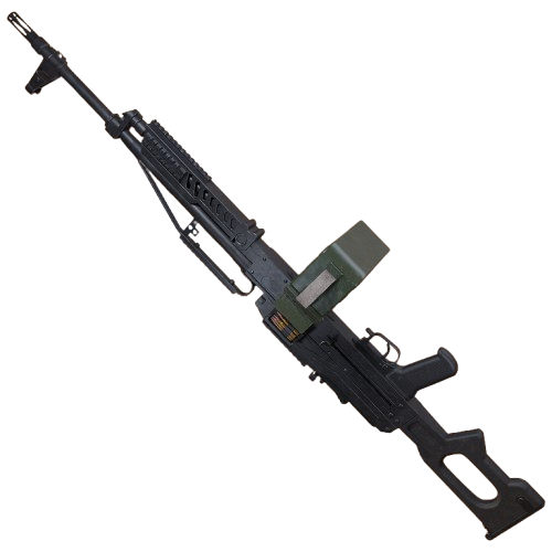 1:1 PKP Pecheneg — 3D printed inert prop. Painted, assembled, blaze orange tip.